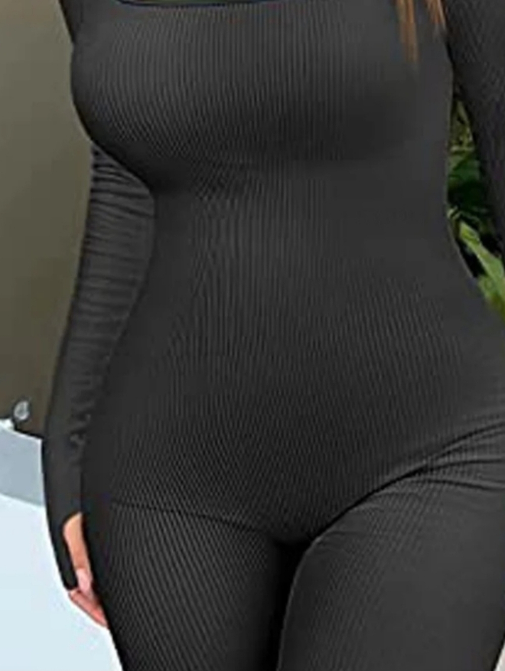 Black Ribbed Square-Neck Jumpsuit - Picture 6 of 10